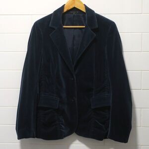 THEORY VELVET BLAZER BLUE GREY RUCHED single breast pocket LARGE lapel gather US